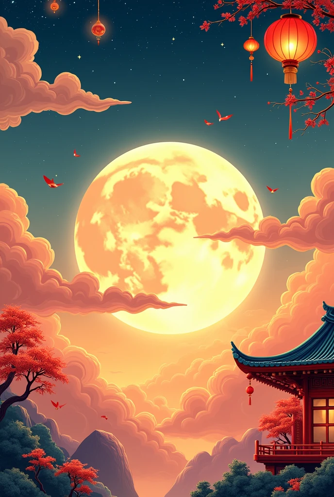 A Chinese-style poster for the event on their mobile app during Mid-Autumn Festival in early prime time from combines traditional elements with modern technology to create an atmosphere of celebration. The background features a vibrant sky with clouds and stars,symbolizing hope and beauty. 