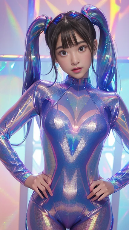 (Very beautiful cute girl like an angel),
Beautiful attention to detail,
Double eyelids with attention to detail,
(Cute eyes),
Light blue long hair、Pay close attention to the chest of the twin tails, Adorable smile and beautifully detailed face and eyes,
Droopy eyes,break
(Super Gloss Metallic Coral Yellow Transparent Holographic Suit:1.2), (Ultra tight fitting holographic suit、Hyperreflective surfaces:1.5),
(Ultra tight fitting holographic suit:1.5) ,
(Super Reflective Holographic Suit:1.3),
Small Nose,(:1.3),
Beautiful best quality:1.2),
RAW Photos,
High resolution,
Perfect detail,
Professional photography,
Professional Lighting,
Strong lighting in bodysuit,Outdoor Shot,Long legs、