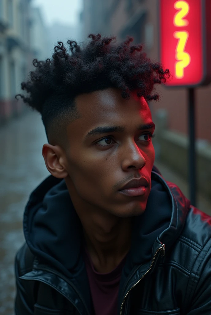 Une artiste musicien, beau et noir de 23 ans , perdu dans ses pensées à chercher l'inspiration pour une nouvelle chanson , qui a une coiffure tapers, dégradé .