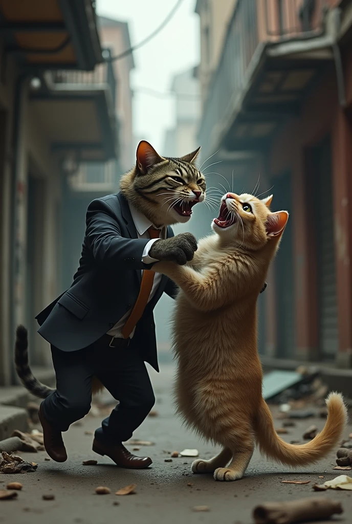 rich well dressed cat biting the homeless cat  with torn clothes

