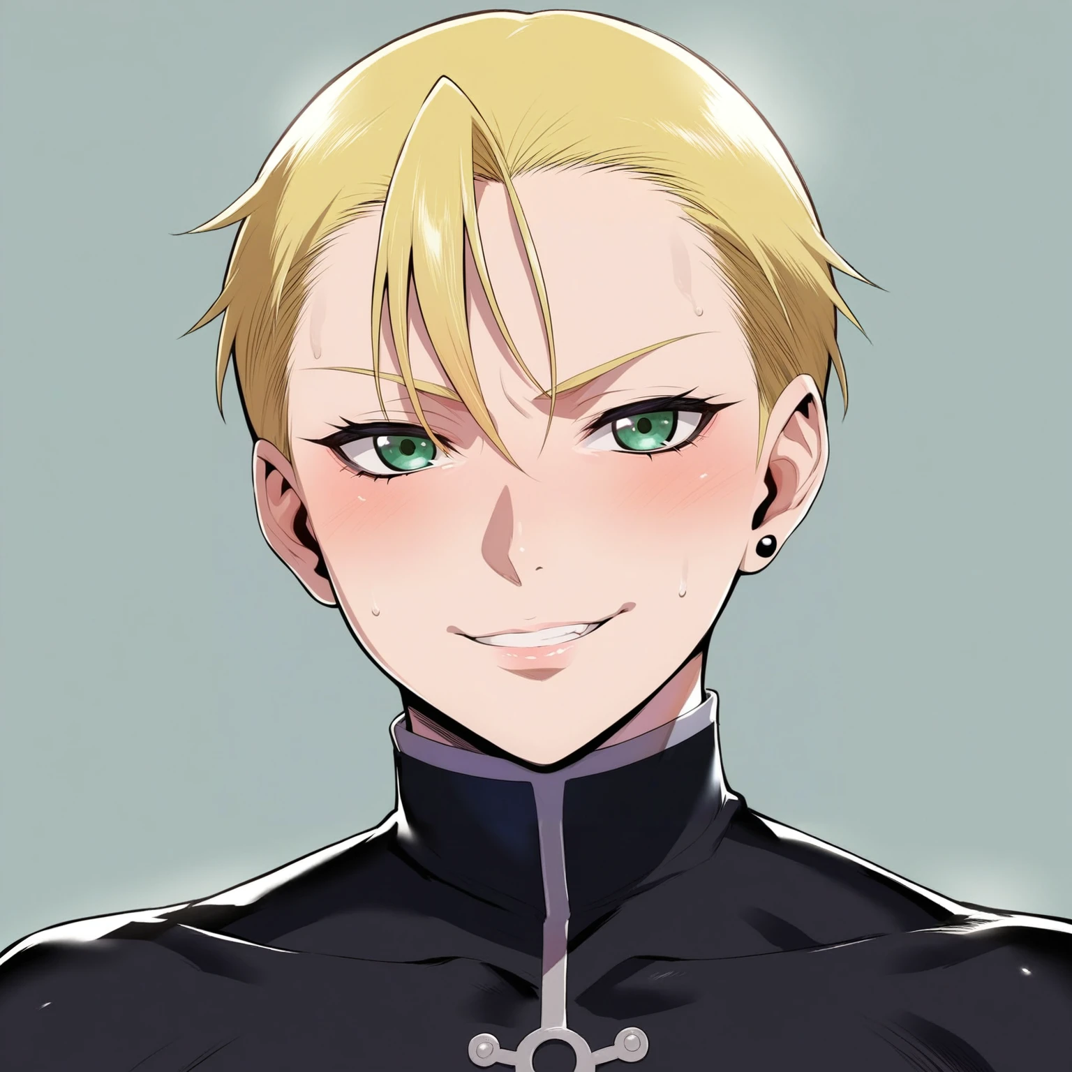 source_anime, rating_explicit, score_9, score_8_up, score_7_up, goth, gothic, blonde hair, short_hair, looking at viewer, fullmetal alchemist,  weney rockbell, goth girl, ikuchan, smirk, green eyes, portrait face, face focus, face only