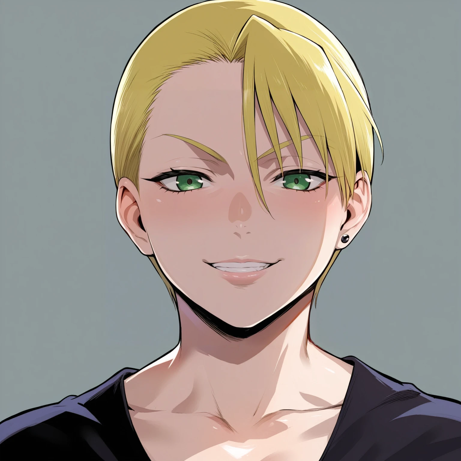 source_anime, rating_explicit, score_9, score_8_up, score_7_up, goth, gothic, blonde hair, short_hair, looking at viewer, fullmetal alchemist, weney rockbell, goth girl, ikuchan, smirk, green eyes, portrait face, face focus, face only