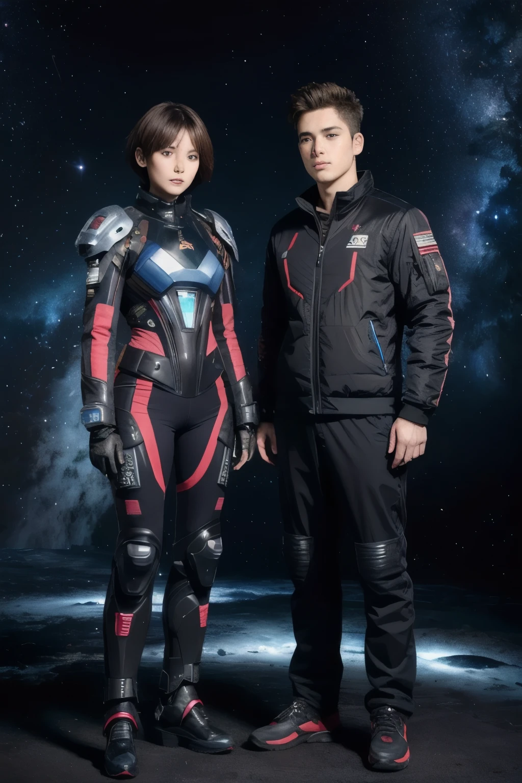 277 (20-year-old woman,short hair), (20-year-old male), Are standing, flower, Futuristic clothing, machinery suit, (The background is a galaxy and nebula)
