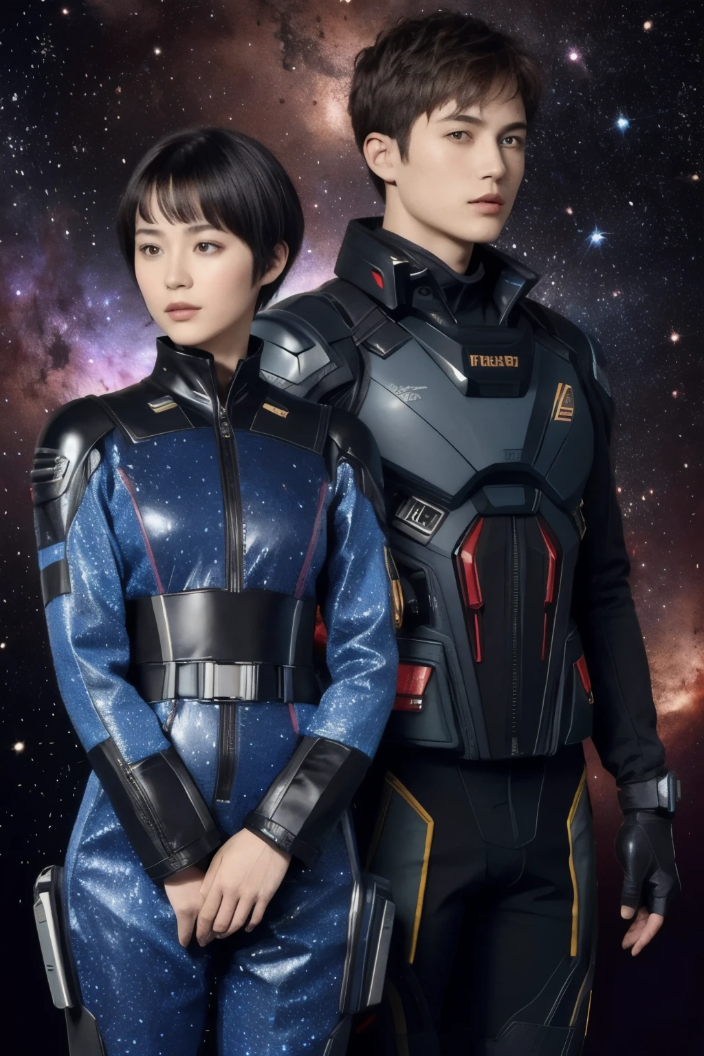 277 (20-year-old woman,short hair), (20-year-old male), Are standing, flower, Futuristic clothing, machinery suit, (The background is a galaxy and nebula)