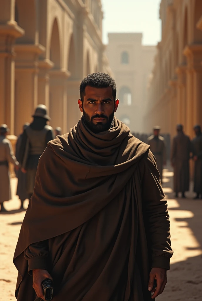 Discovery of the Man's Identity:**
- In the background, a soldier or servant is seen following the man discreetly. In the foreground, the setting shifts to a small group discussing the discovery that the man is 'Amer bin Abd al-Qays.