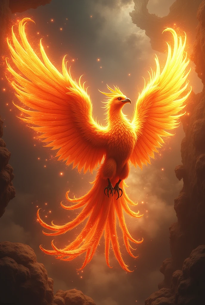 god話上の不死鳥, Feathers of fire, Scattering sparks, Wings in Flame, Flying through the chaos, god々しくgod聖な, Realistic, 8k, Super detailed, Dramatic lighting, Vibrant colors, Surreal and abstract, Burning holographic effect, Dynamic Movement