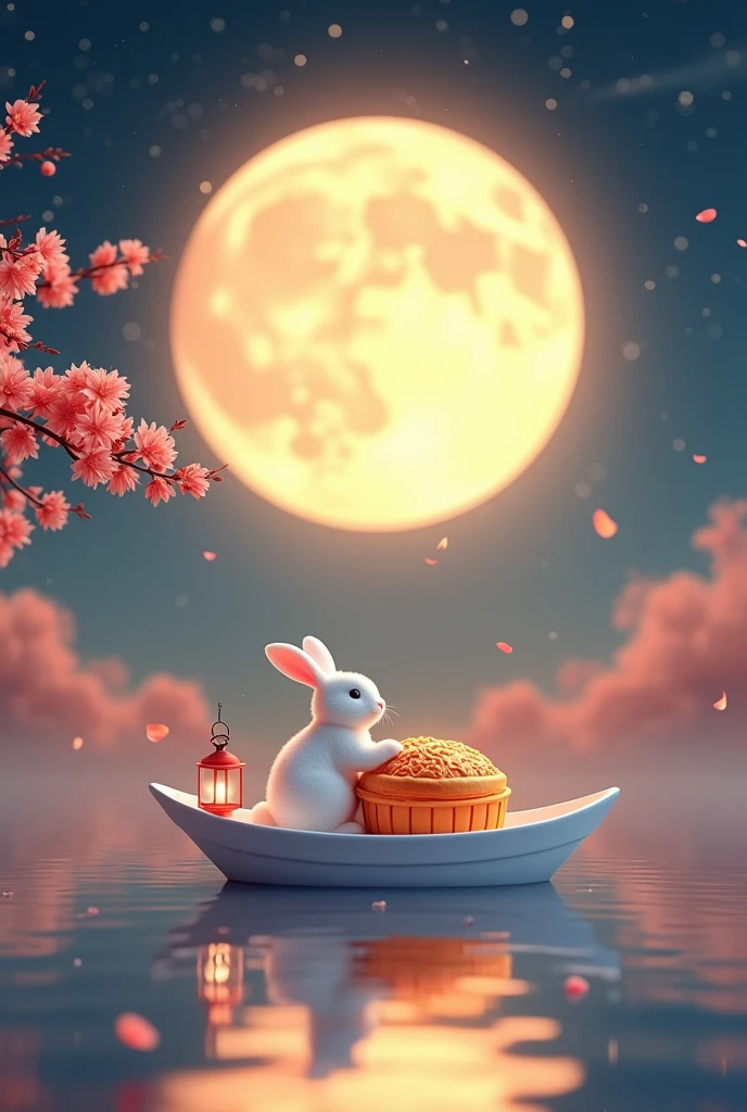 Mid-Autumn Festival，Wide Angle，In the background is a huge glowing full moon，Starry Sky。Mid-ground lake，A white boat holds a huge round moon cake.，The little white rabbit is sitting on the bow holding a lantern，Foreground osmanthus branches，Petals falling，The background is a huge glowing full moon，Starry Sky，Beautiful artistic conception，dream，romantic，Minimalism，White Space，The picture is transparent and bright，Soft light，C4D，3D Rendering，HD