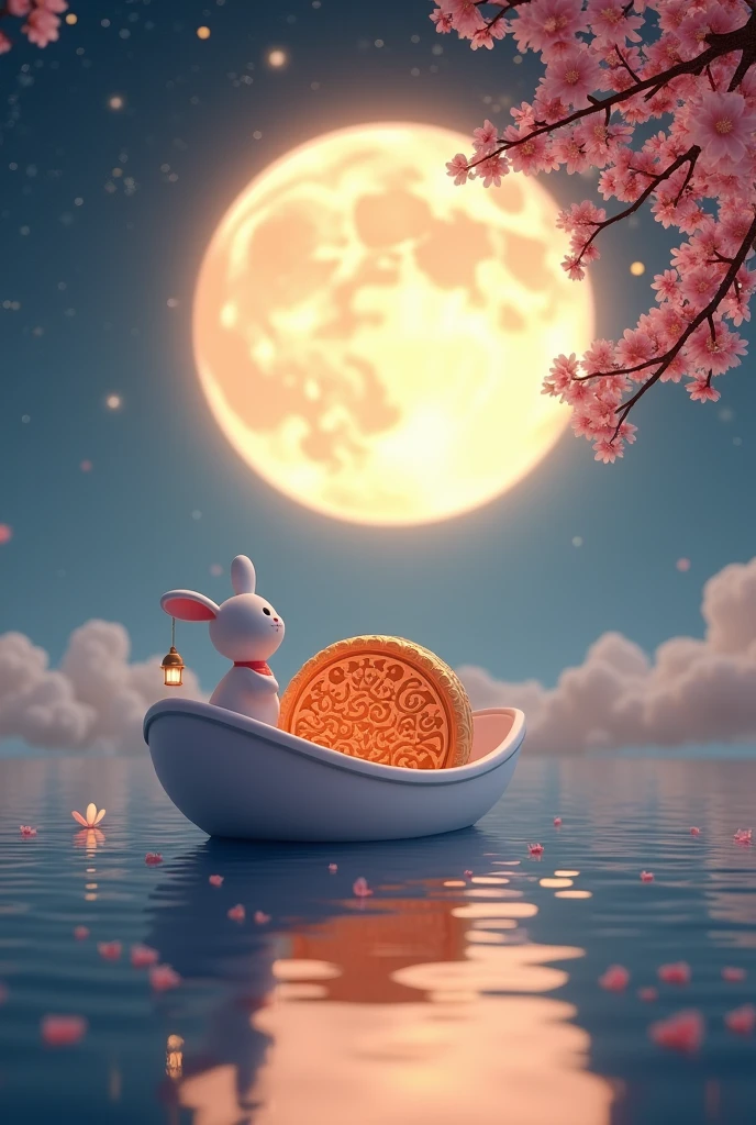 Mid-Autumn Festival,Wide Angle,In the background is a huge glowing full moon,Starry Sky。Mid-ground lake,A white boat holds a huge round moon cake.,The little white rabbit is sitting on the bow holding a lantern,Foreground osmanthus branches,Petals falling,The background is a huge glowing full moon,Starry Sky,Beautiful artistic conception,dream,romantic,Minimalism,White Space,The picture is transparent and bright,Soft light,C4D,3D Rendering,HD
