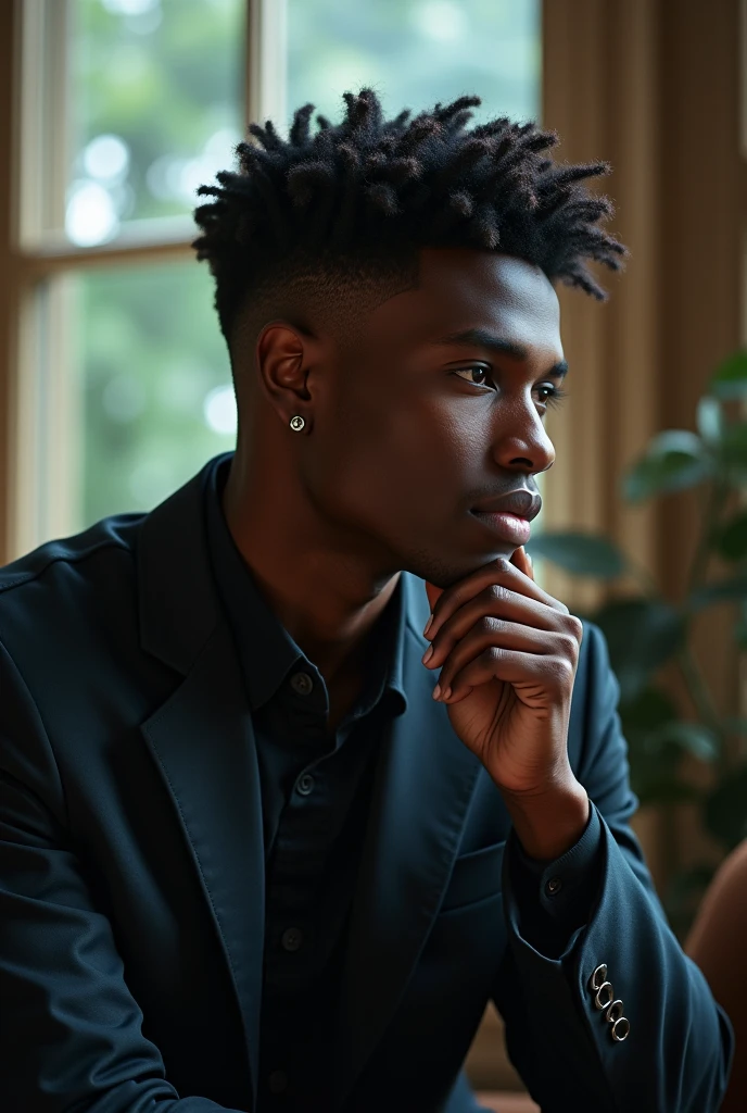 Une artiste musicien, beau et noir de 23 ans , perdu dans ses pensées à chercher l'inspiration pour une nouvelle chanson , qui a une coiffure tapers, dégradé .