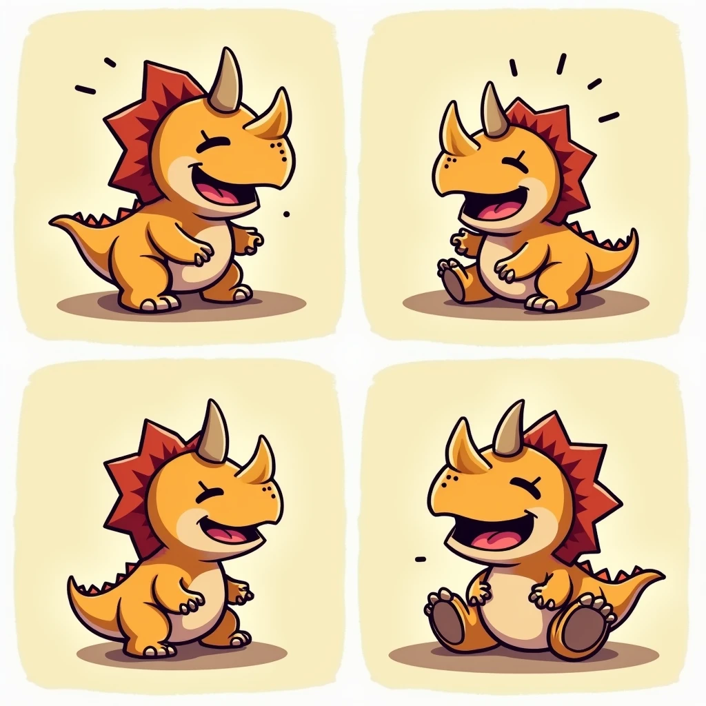 Chibi Style, Four-panel comic strip, dot halftone, Flat Color, Laughing Triceratops,Laughing with your stomach in the air,color々How to laugh,Triceratops is a baby,It has two horns on its head and one on its nose.,
