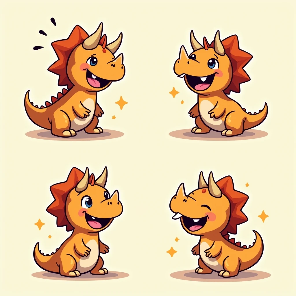 Chibi Style, Four-panel comic strip, dot halftone, Flat Color, Laughing Triceratops,Laughing with your stomach in the air,color々How to laugh,Triceratops is a baby,It has two horns on its head and one on its nose.,