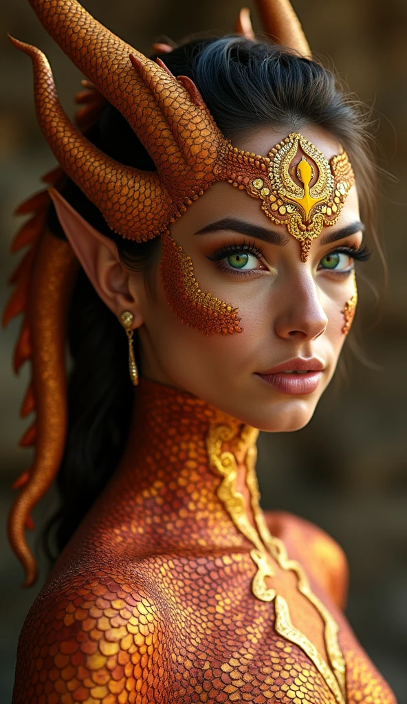 A woman with dragon-like features inspired by India, her body adorned with scales that shimmer in shades of gold and crimson, mirroring the vibrant hues of traditional Indian spices. Her eyes are deep and expressive, glowing with a rich emerald green. Her facial features are a perfect blend of human beauty and dragon strength, with a strong jawline, sharp claws, and a serpentine tail that coils gracefully around her.