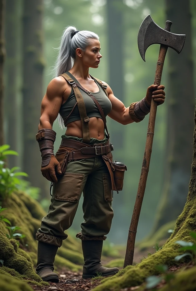 silver hair,woodcutter,robust,Woods background,woman,tie a ponytail,biceps,Abdominal muscles,Work clothes,Good figure,Handsome,leather gloves,40 years old,Best lighting,Huge axe