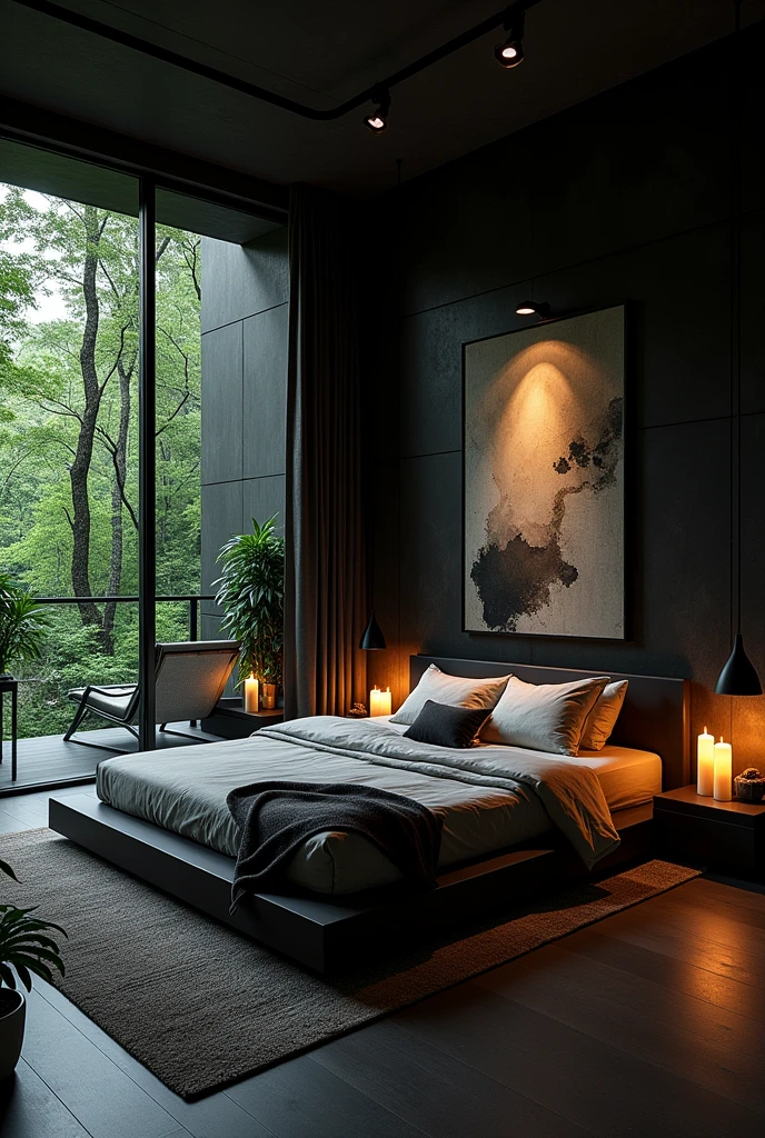 Build me a super beautiful bedroom, It's in a dark house in the forest.,The house should look super nice.? There are candles, Image, some plants,Keeping the beautiful black and modern look