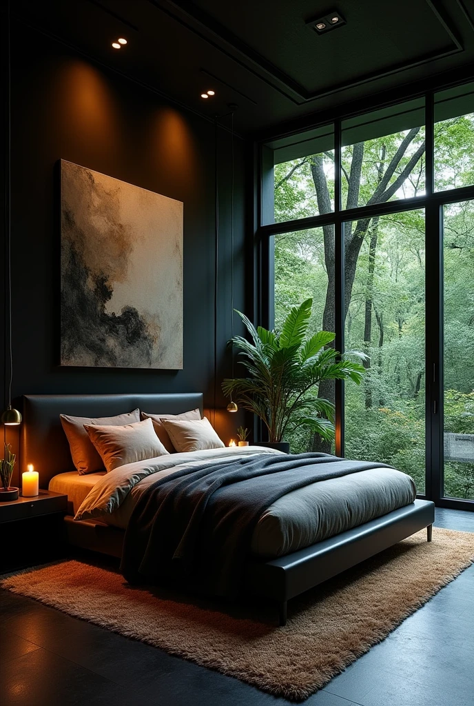 Build me a super beautiful bedroom, It&#39;s in a dark house in the forest.，The house should look super nice.? There are candles, Image, some plants，Keeping the beautiful black and modern look