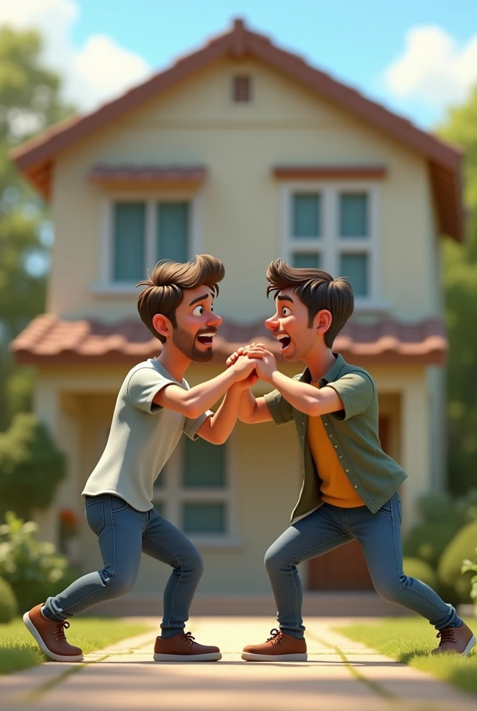 A property image showing the house and the owner animated with 2 owners of 30 age 2 male in fight 