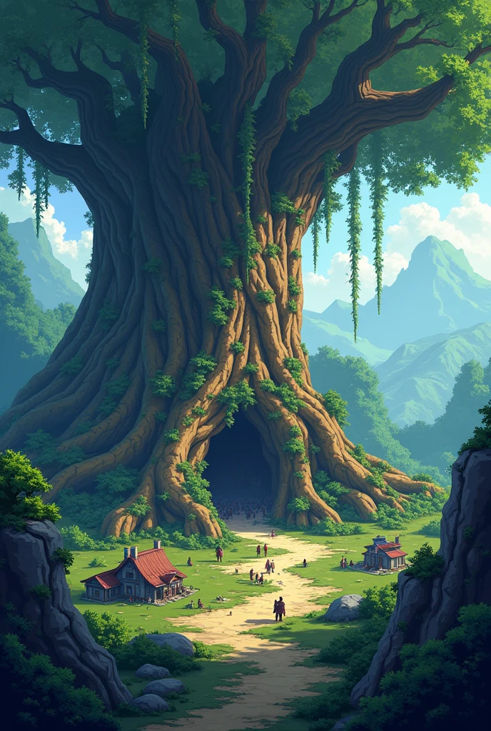 Create a house image in pixel art style., With post-apocalyptic graphics , Map of the village in the Elf Forest , You must mark the place where the arms and supplies market is located., Big Tree Palace , etc., And in the fantasy world , Volumetric light, Immersive atmosphere, (A giant ancient tree towers over a small village.), Formidable and awe-inspiring, Leaves and roots spread outward, Surreal and fantastic environment