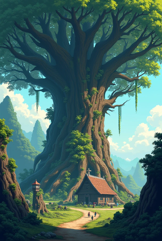 Create a house image in pixel art style., With post-apocalyptic graphics , Map of the village in the Elf Forest , You must mark the place where the arms and supplies market is located., Big Tree Palace , etc., And in the fantasy world , Volumetric light, Immersive atmosphere, (A giant ancient tree towers over a small village.), Formidable and awe-inspiring, Leaves and roots spread outward, Surreal and fantastic environment