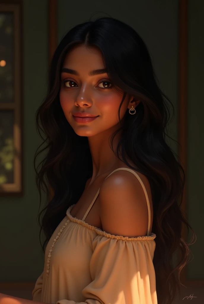 She is in her early 20s with long, wavy black hair cascading over her shoulders. She is dressed in a simple yet elegant outfit, such as a flowing traditional dress or a modern, casual outfit in soft, warm colors. She has a serene expression, with a slight smile on her face, exuding grace and warmth. The background is a bright, open space with soft, natural lighting, possibly a serene outdoor setting or a well-lit, cozy room, creating an inviting and peaceful atmosphere.”( Indian girl) change background (dark) and face (Indian) increase light