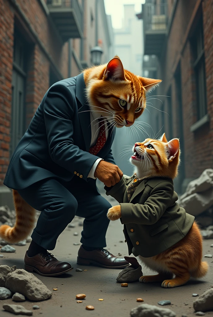 rich well dressed cat biting the homeless cat  with  clothes

