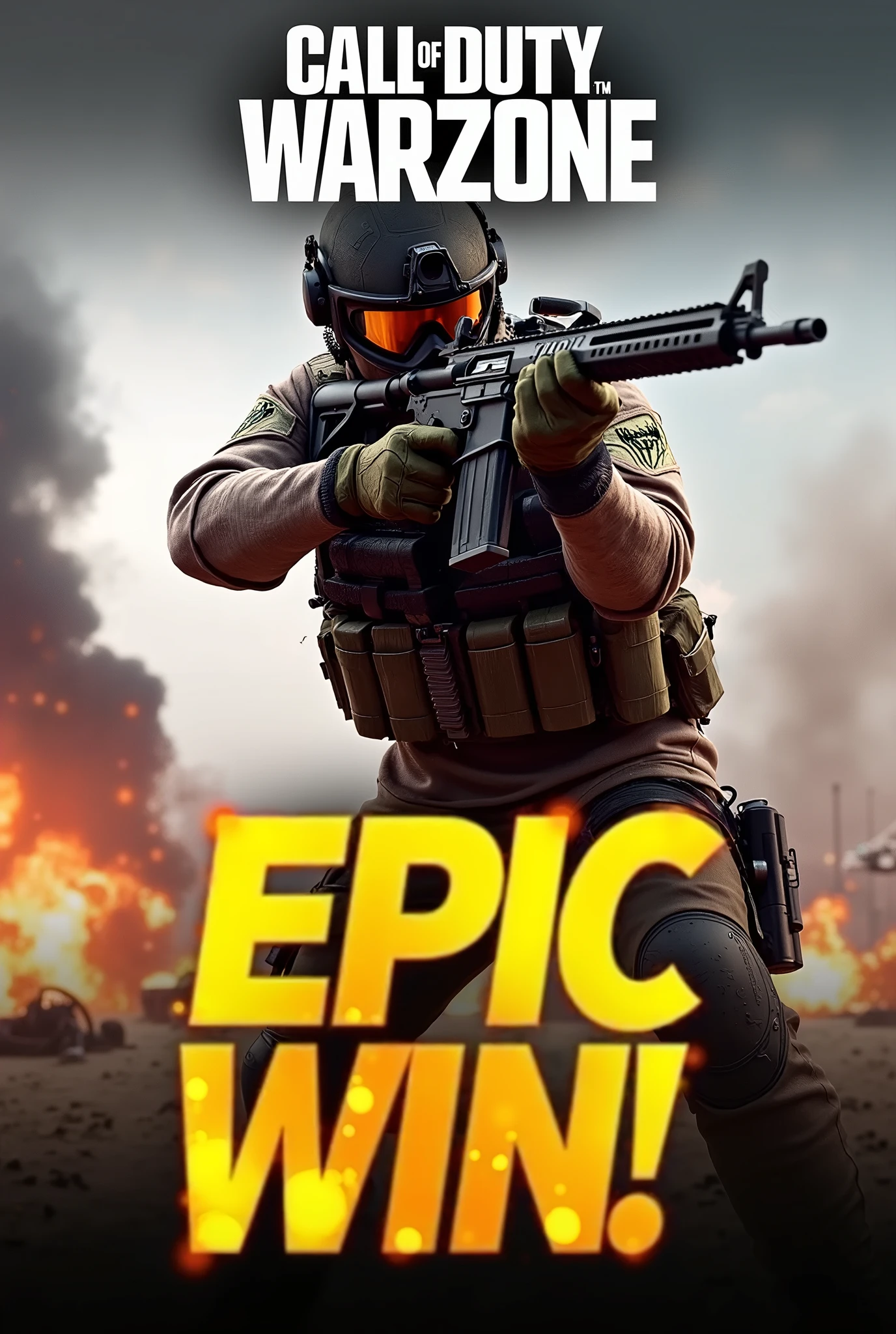 "A dynamic Call of Duty: Warzone YouTube Shorts thumbnail featuring a close-up of an intense battle scene. The background shows a war-torn battlefield with smoke and explosions. In the foreground, a soldier in tactical gear is firing a weapon, aiming directly at the viewer. The Call of Duty: Warzone logo is prominently placed at the top, with bold, simple text below saying 'Epic Win!' in vibrant colors. The overall style is intense and action-packed, with sharp contrasts and a gritty atmosphere.