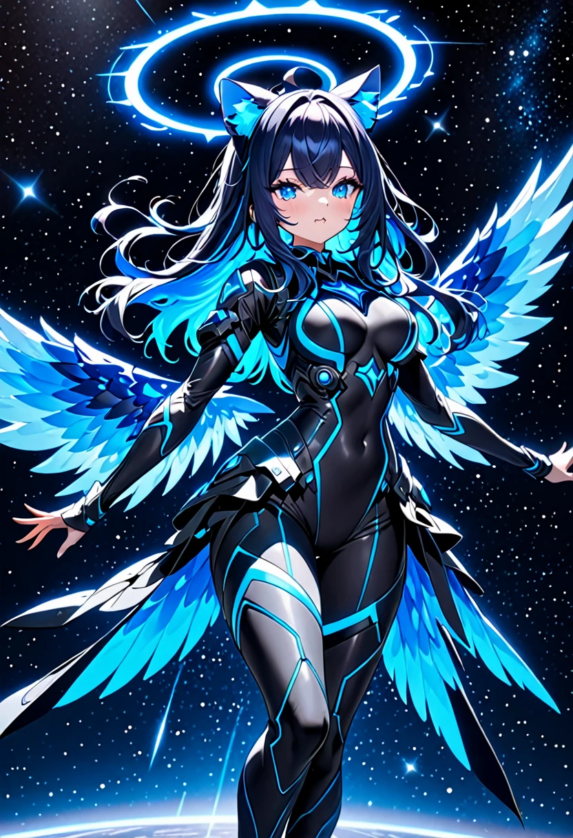 8K Ultra High-Quality, ultra-detailed, High quality, Dark Blue hair, Neon Blue Inner layer hair, Long hair, Cat ears, Neon blue wings, Neon Blue Halo, full body, space background, dominance pose, floating, close up