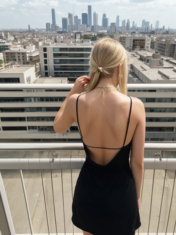 her name is Marie, good quality, 1 girl, ((20-year-old Fit Caucasian woman)), ((2)), ((Fit)), ((pale skintone)), ((medium length straight blonde hair)), Hair clip and updo , wear a black top with spaghetti straps, Belly-free. Pose: Stand, on the balcony, View outside to the city. She looks out, you can see her back. 