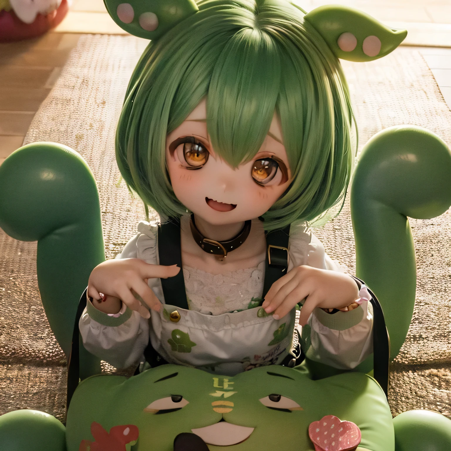 Cheeky Green Haired Zundamon(((((In the form of a child)))))Eat sweets、smile