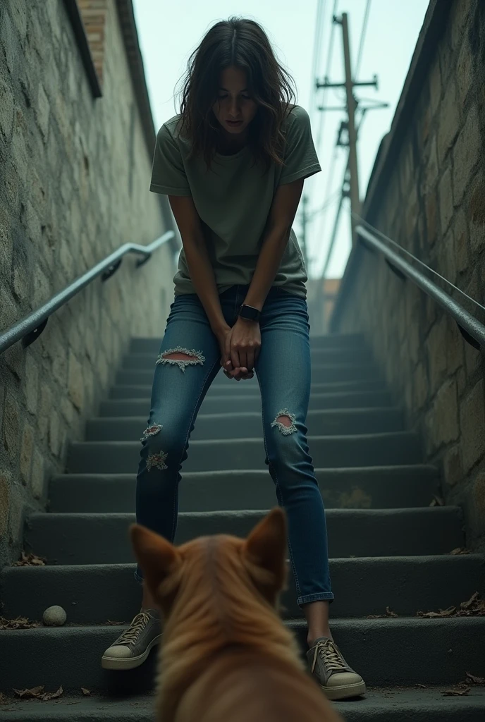 A young woman named Aline stands on a stone staircase, visibly terrified. She is wearing jeans with a noticeable urine stain.. Aline was wetting her clothes out of fear. Aline had her hands between her legs. Her face shows intense fear as she backs away from a threatening dog at the foot of the stairs.. The staircase is located in an outdoor urban environment, increasing the tense dinner atmosphere.