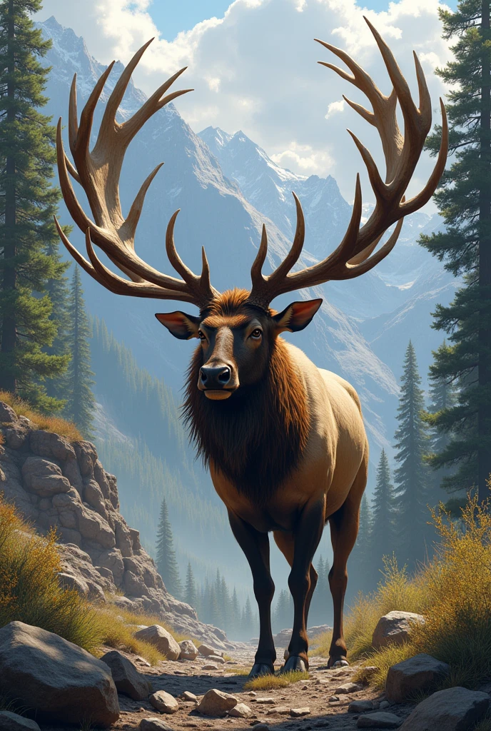 Create an image of the legendary "Spider Bull" elk in a rugged, mountainous landscape in Utah. The bull elk should have massive, sprawling antlers that resemble spider legs, showcasing their impressive size and unique shape. The setting is a dense, wild forest with towering trees and rocky terrain, capturing the majestic and awe-inspiring nature of this world-record elk. The bull stands proudly, embodying the spirit of the untamed wilderness.