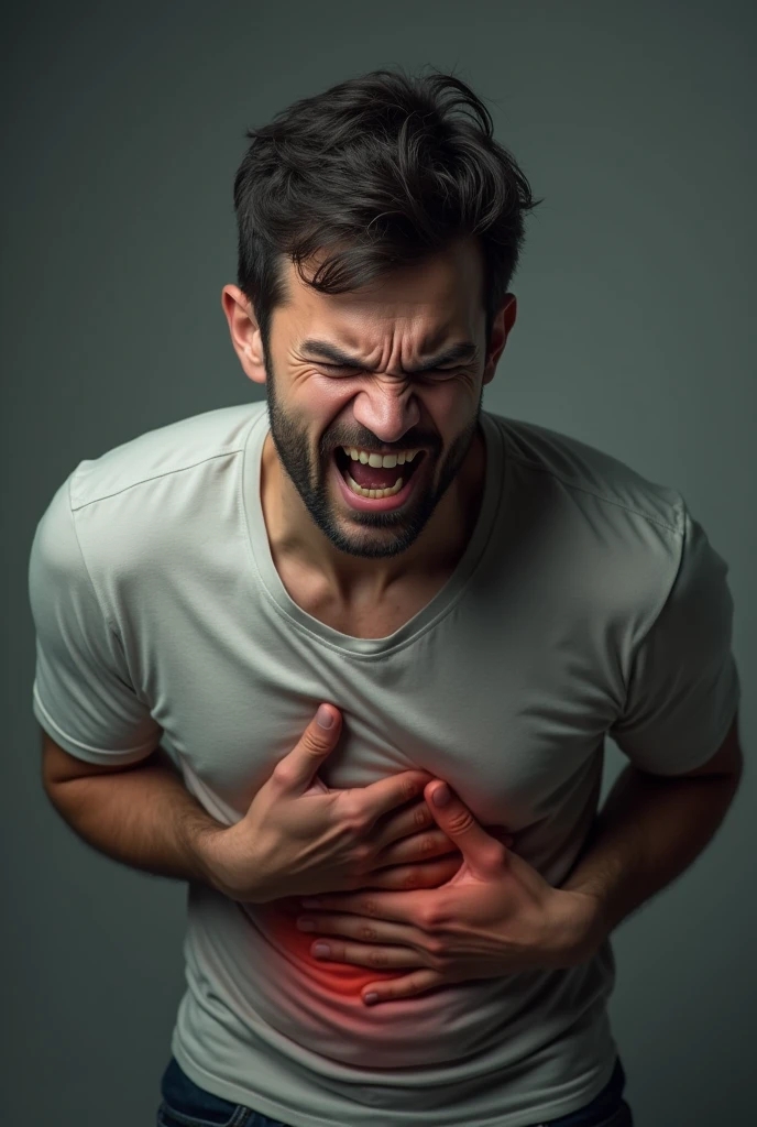 A person holding his stomach,The expression is particularly painful,