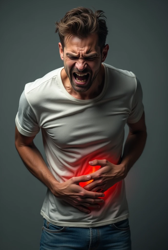 A person holding his stomach，The expression is particularly painful，