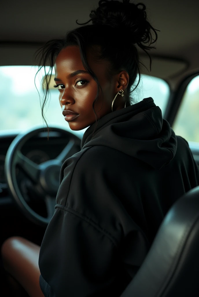Black woman wearing leather short shorts up in crack black hoodie hair in a bun setting in car the backseat backside view