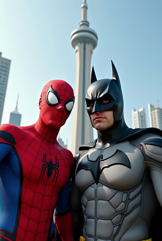 Spider man and batman are taking selfie with milad tower in iran