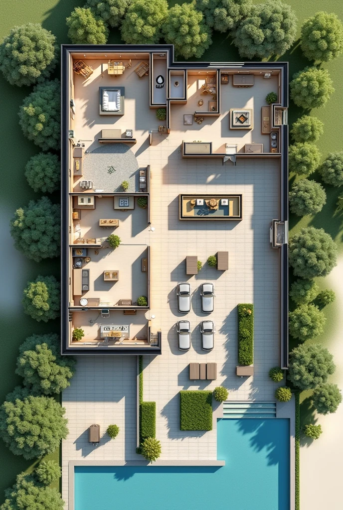 2D hotel floor plan showing the front desk area, Restaurant area, Recreation area, L-shaped parking lot, One part is in the front, the rest is on the side., room, roomสปา, Disabled Area, Swimming pool, Connecting to green spaces, That might be like an open space.