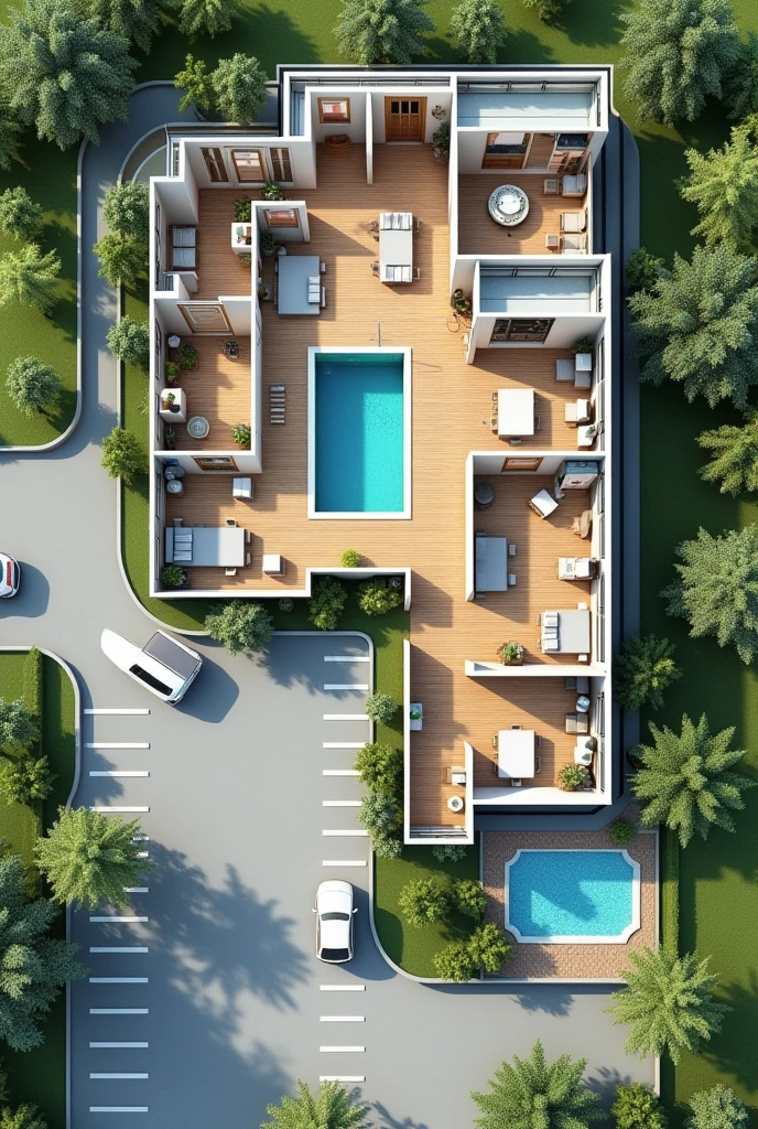 2D hotel floor plan showing the front desk area, Restaurant area, Recreation area, L-shaped parking lot, One part is in the front, the rest is on the side., room, roomสปา, Disabled Area, Swimming pool, Connecting to green spaces, That might be like an open space.