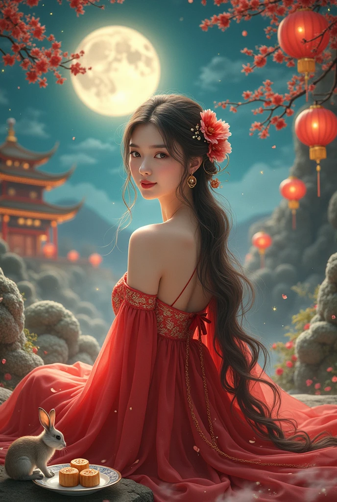 masterpiece,(ultra detailed:1.3),best quality,(sparkle:1.2),(Fantasy World:1.4),nigth,1girl, solo,hair flower,long hair,(jade carved branches:1.3),(1full_moon:1.3),(1rabbit:1.3),(clouds:1.2),looking at viewer,(texturedfabrics),red hanfu,zhongqiu,(Chinese lanterns:1.2),dancing,hanfu,A plate containing mooncakes,Chinese architecture
