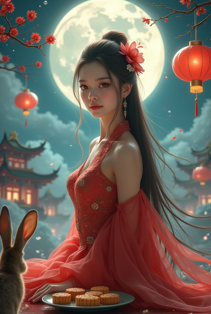 masterpiece,(ultra detailed:1.3),best quality,(sparkle:1.2),(Fantasy World:1.4),nigth,1girl, solo,hair flower,long hair,(jade carved branches:1.3),(1full_moon:1.3),(1rabbit:1.3),(clouds:1.2),looking at viewer,(texturedfabrics),red hanfu,zhongqiu,(Chinese lanterns:1.2),dancing,hanfu,A plate containing mooncakes,Chinese architecture