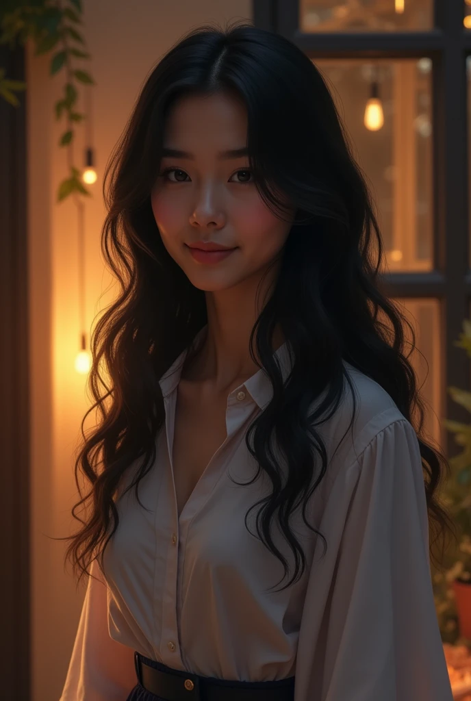 She is in her early 20s with long, wavy black hair cascading over her shoulders. She is dressed in a simple yet elegant outfit, such as a flowing traditional dress or a modern, casual outfit in soft, warm colors. She has a serene expression, with a slight smile on her face, exuding grace and warmth. The background is a bright, open space with soft, natural lighting, possibly a serene outdoor setting or a well-lit, cozy room, creating an inviting and peaceful atmosphere.”( Indian girl) change background (dark) and face (Indian) increase light
16:9