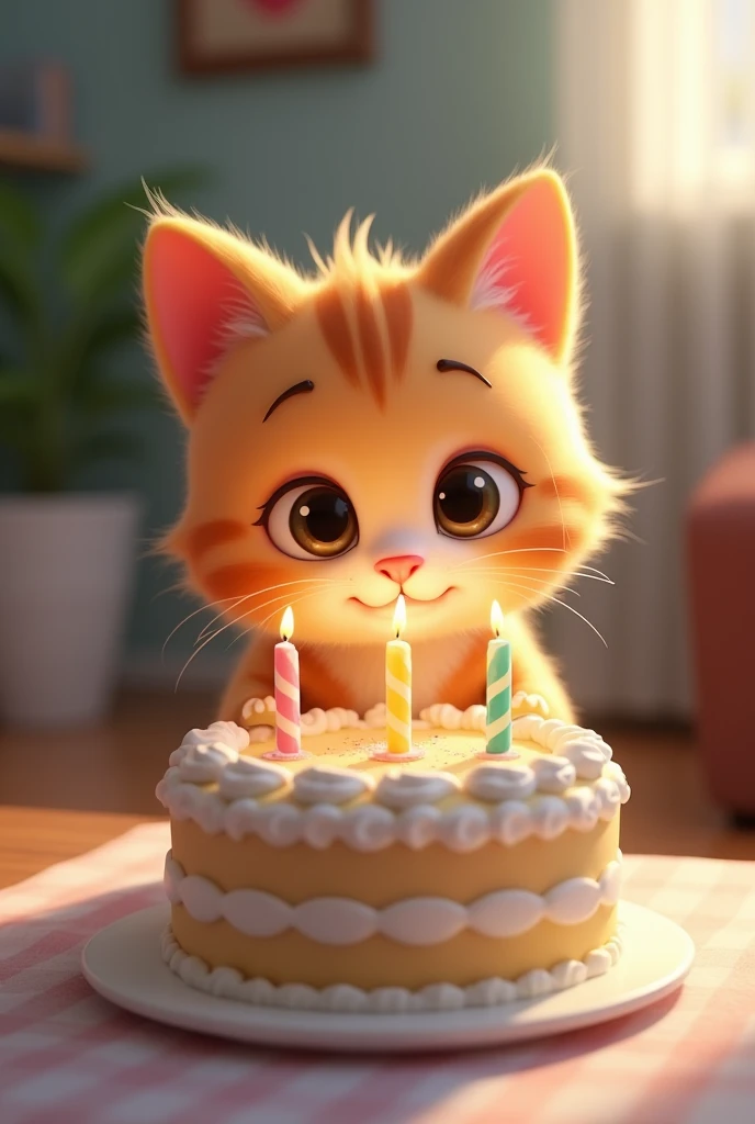 Cute cat blowing out candles on a cake