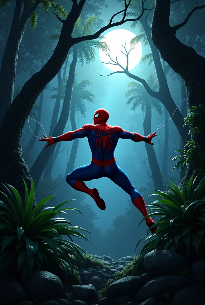 Spider man at night in jungle