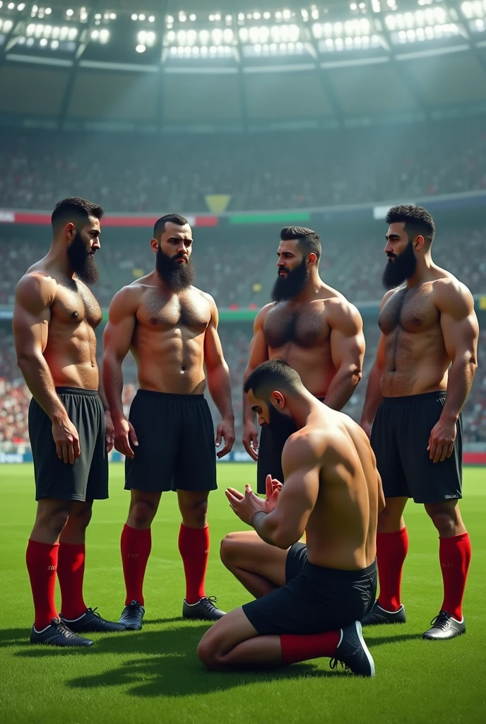 Five strong hairy Iranian football players very hairy chest hair bearded, wearing no shirt, black shorts and red socks and black cleats, giving an interview for a television program, at the field, gesturing, next to the reporter, big football stadium full of people. One of them praying kneeling in black underwear with his hands raised to the sky.