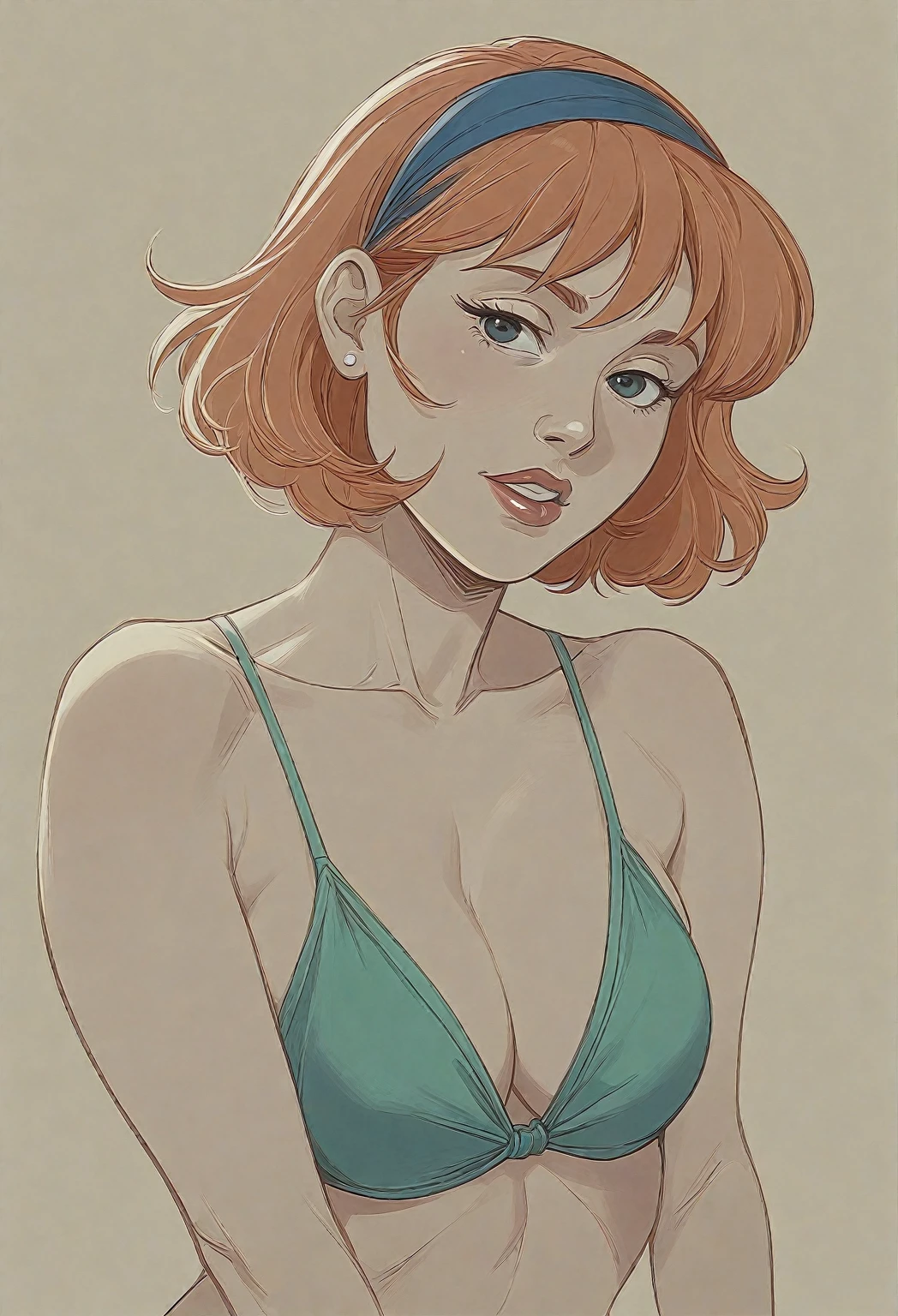 A close up of a woman in a bikini top with a blue headband, Lois van Baarle y Rossdraws, artegerm and lois van baarle, Beautiful portrait of Nami, extremely detailed artegerm, beautiful comic art, By Yoshihiko Wada, Chris Moore. artegerm, by Oliver Sin, redhead girl, arte pin-up