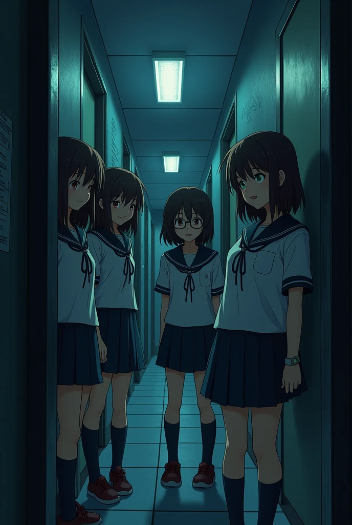 Middle school girls dormitory，Four girls，Uniforms，The background is eerie，Cute female voice，Anime style，Comic Style，Dark，Second Dimension，Pretty Girls，Chinese girl，High-definition horizontal screen image，One of them wears glasses