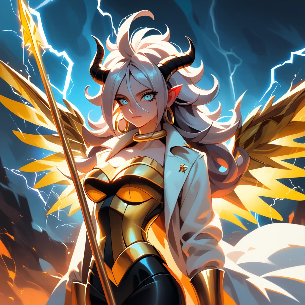 ((((Golden Spear)))), ((Lightning Power)), ((Electricity)), ((Fire Background)), ((Lightning Storm)), ((Power Erupting)), ((((android 21)))), (((white Coat))), (((Busty))), luxury bustier corset, ((silver hair)), (((Very slim waist))), propotional body, ((Gorgeous)), (((gold wings))), masterpiece, hyperdetail, ambient effect, digital effect, (((Lightning Spear))), (((Fire Gold Armor))), (((Lightning Gold Wings))), ((Fire Demon Horns))