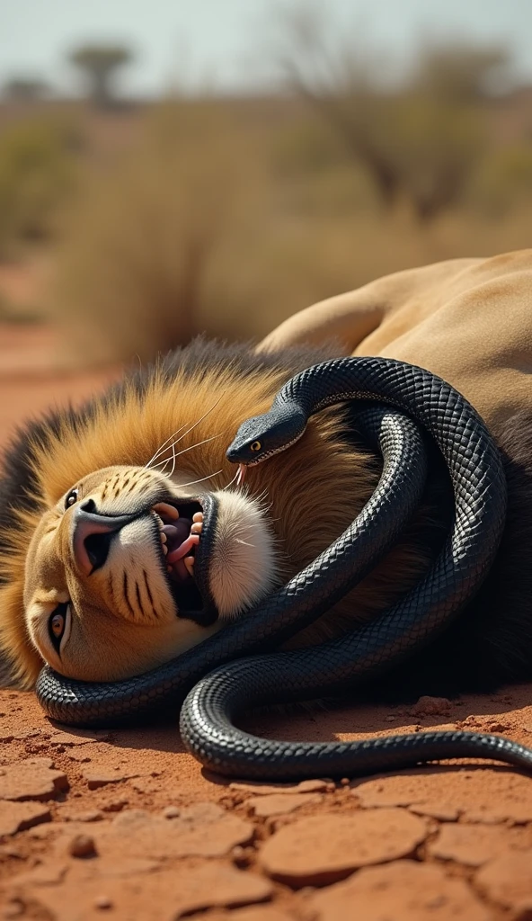 Black mamba on a dead lion that it fought