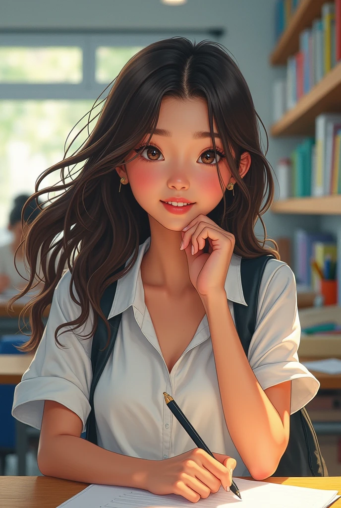 A very beautiful teenage girl, in an organized school, having fun 