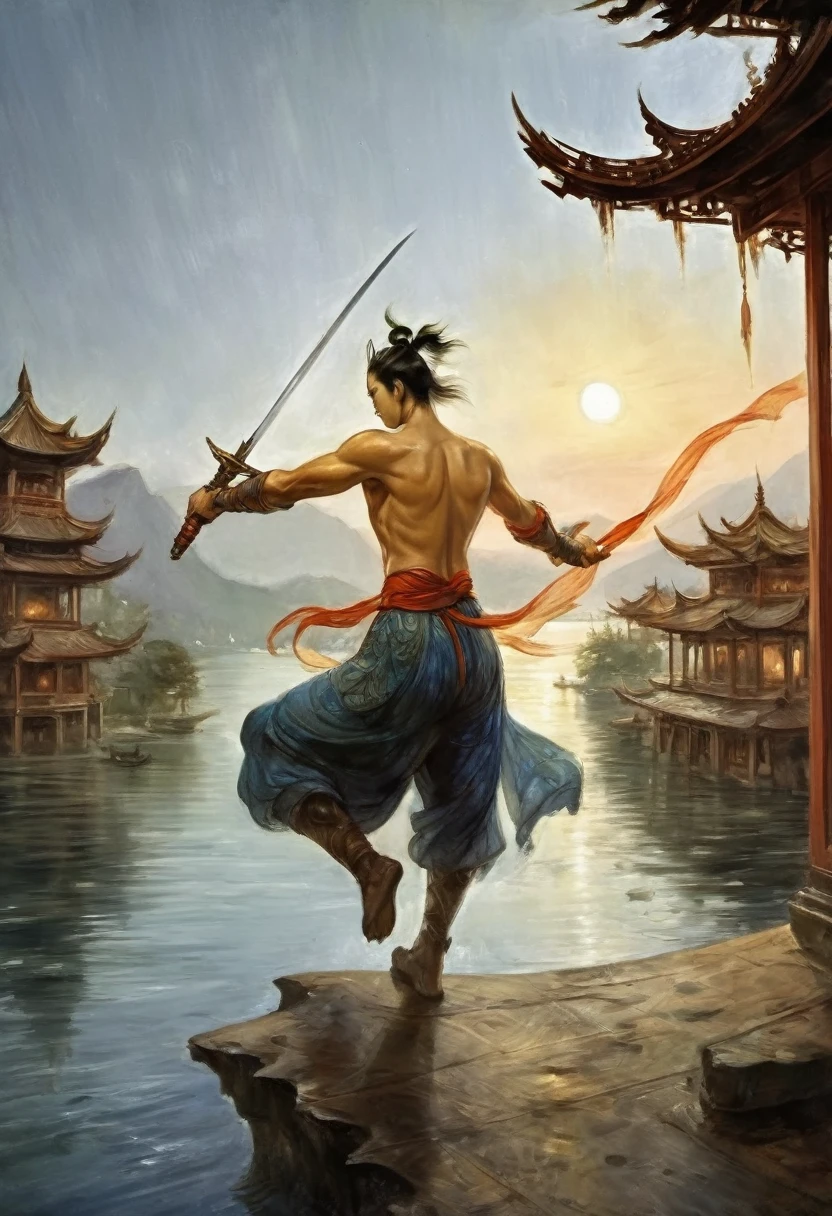 (masterpiece, best quality:1.2), The hero dances with sword:1.5,Anatomically correct,1 glowing sword,(Movement posture),Hold the sword hilt tightly in your hand,Solitary,On the Lake, Wooden boats in the distance and pavilions in the lake,light, mysterious atmosphere,, ripple,(Splash;1.4),A moon,Motion blur,swordsman,effort,arms up,xianxia,anatomical correct