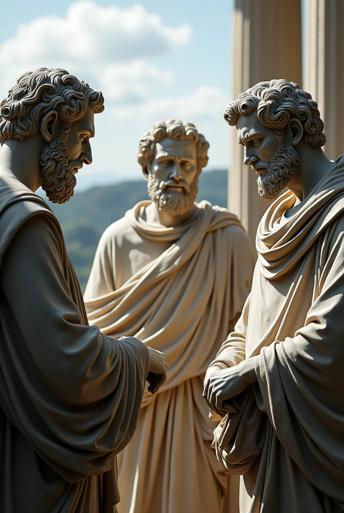 A group of statues of stoic philosopher like Marcus Aurelius, Seneca and Epictetus discussing