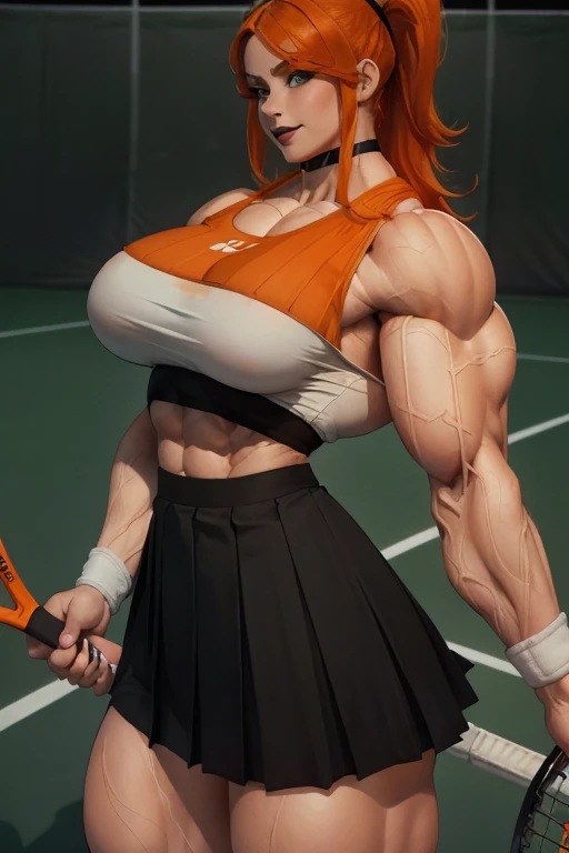 (((Close-up))), tall, (orange hair) beautiful muscular woman, long shaggy hair, pale white skinned, large breast, closed smile, (black lipstick), (massive muscles), (hyper muscle), (((ginormous bulky muscles))), green eyes, (((orange tennis top))), (((long black pleated skirt))), (thigh high socks), choker, (holding tennis racket), sneakers, in a tennis court, 